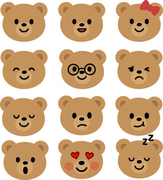 Cute Teddy Bear Emoji Faces with Various Facial Expressions