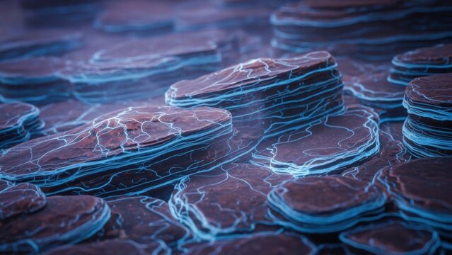 Futuristic Labyrinth of Glowing Lithic Layers with Electric Veins in Blue and Pink Tones