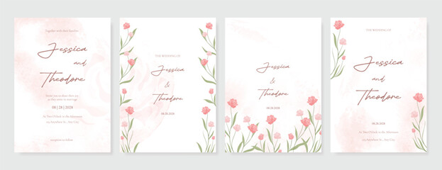 Naklejka premium Summer Flower Wedding Invitation set, floral invite thank you, rsvp modern card Design in pink leaf greenery branches with water color texture background. 