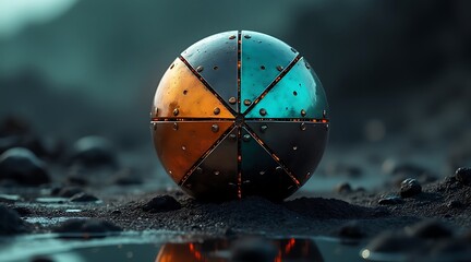 A cosmic sphere divided by vibrant colors floating amidst a mysterious terrain