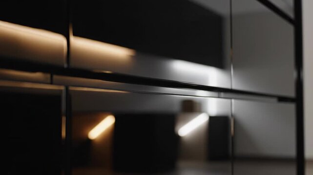 Seamless loop of abstract light reflections gliding slowly across the highly polished black surfaces of a modern geometric kitchen cabinet system background, mood, future