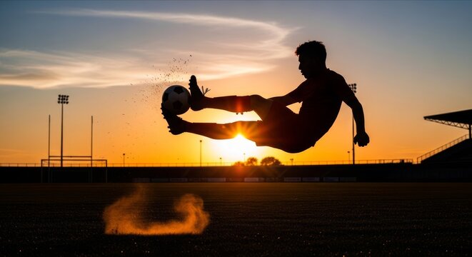 Silhouette of soccer player performing bicycle kick at sunset on field