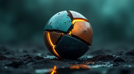 A weathered soccer ball resting on a rugged, dark terrain with a mysterious glow.