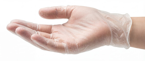 Hand Wearing Clear Disposable Glove Isolated on White Background