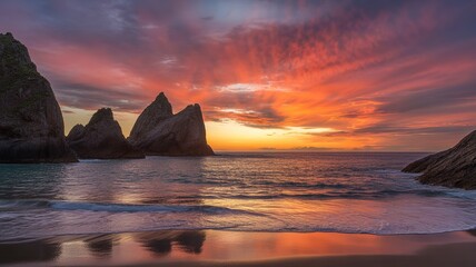 Serene ocean waves gently lap against rugged rock formations at sunset with vibrant pink and orange hues in the sky