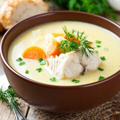 Close-up of creamy seafood soup in a brown bowl, with carrots and herbs on a wood table