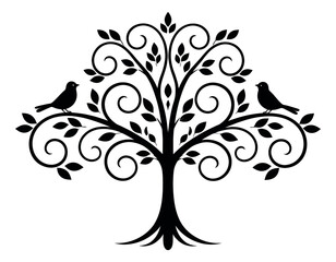 Obraz premium Stylized line art illustration of a tree with birds depicting them perching on branches for nature-inspired designs