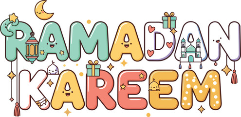 Naklejka premium Cute Kawaii Ramadan Kareem Typography Illustration with Colorful Letters, Lanterns, Mosque, Crescent Moon, Stars, and Festive Islamic Decorations