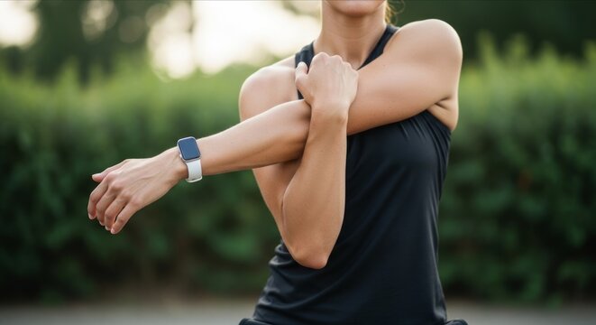 Woman doing arm stretch exercise with fitness tracker at outdoor park