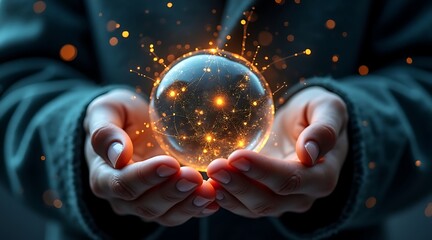 Mystical glowing orb held by hands in a dark setting with sparkling lights.
