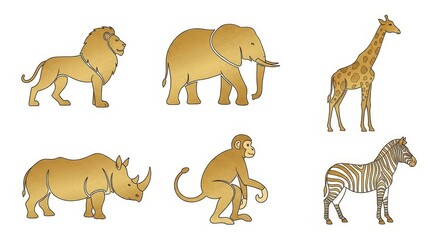 Fototapeta premium Collection of stylized, golden-toned large wild animals isolated on a white background