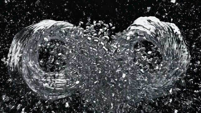 Seamless loop of abstract metallic energy waves clashing violently, generating bright sparks and stylized shockwaves across a dark background background, stylized, waves