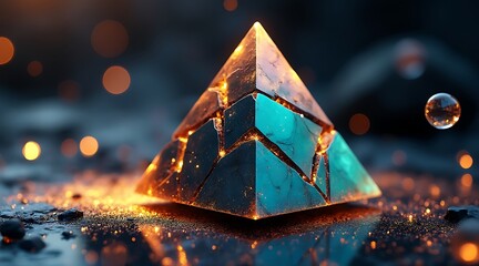 Mystical glowing crystal pyramid with ethereal energy and cosmic reflections