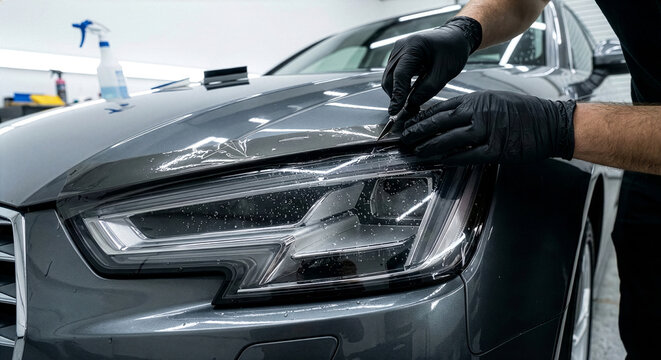 Car headlight paint protection film application by gloved technician, automotive detailing service