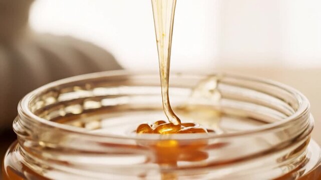 Close-up of golden viscous liquid dripping into a jar, suggestive of food, with bokeh background