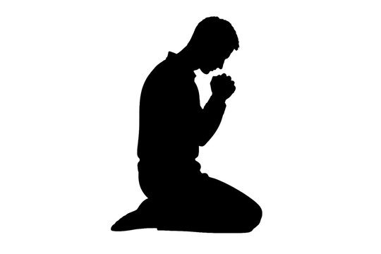 Man praying on knees silhouette on transparent background