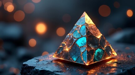 Glowing crystal pyramid resting on a dark, textured surface with ambient lighting effects