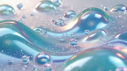 Iridescent water droplets displaying prisms of light on a translucent surface