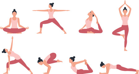 8種のヨガポーズをしている女性の素材セット　Women's Yoga Pose Set: 8 Poses
