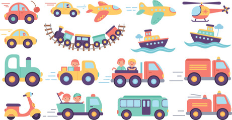 Fototapeta premium Cute Kawaii Transportation Illustration Set with Cars, Train, Airplane, Helicopter, Ships, Buses, and Smiling Vehicles for Kids Designs