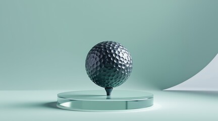A sleek golf ball balanced delicately on a clear stand against a smooth backdrop