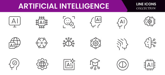 Artificial intelligence set of web icons in line style. AI technology icons for web and mobile apps. Machine learning, algorithm, smart robotics, cloud computing network Vector illustration