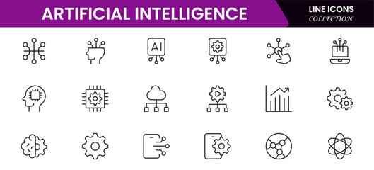Artificial intelligence set of web icons in line style. AI technology icons for web and mobile apps. Machine learning, algorithm, smart robotics, cloud computing network Vector illustration