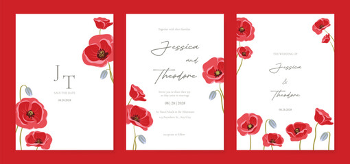 Fototapeta premium Poppy Flower Wedding Invitation set, floral invite thank you, rsvp modern card Design in Red flower with greenery branches decorative Vector elegant rustic template