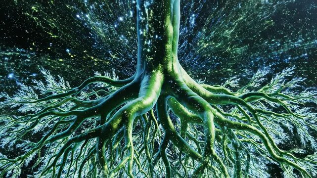 Seamless loop of abstract motion graphics illustrating vibrant energy coalescing into a sphere before rapidly bursting into stylized green and blue root systems high energy, success, modern design