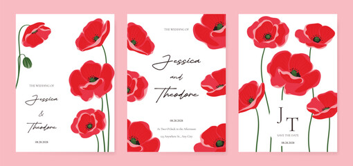 Fototapeta premium Poppy Flower Wedding Invitation set, floral invite thank you, rsvp modern card Design in Red flower with greenery branches decorative Vector elegant rustic template