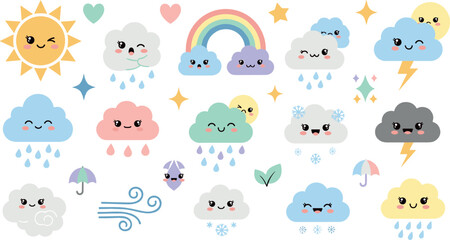 Fototapeta premium Cute Kawaii Weather Icons Set with Smiling Clouds, Sun, Rainbow, Rain, Wind, Thunder, and Pastel Cartoon Elements for Kids Designs
