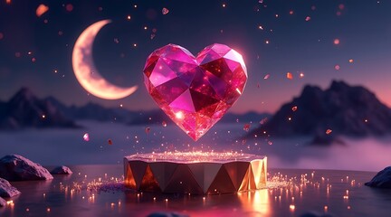 A radiant heart-shaped gem floating above a magical, illuminated cityscape at night