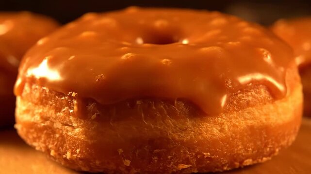 Extreme Close-up of Gourmet Cronut Pastry Topped with Rich Caramel Glaze Dripping Down Flaky Layers