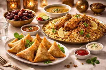 Festive Iftar spread with chicken biryani, samosas, dates, and dips