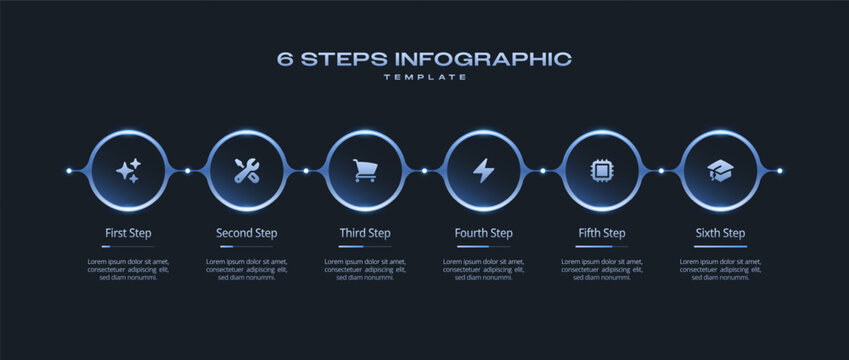 Horizontal Dark Tech Infographic Template with Neon Blue Gradient Circles, Numbered 6 Step Process Icons, Timeline Journey and Progress Diagram for Presentation, Workflow, Banner, and Flowchart Layout