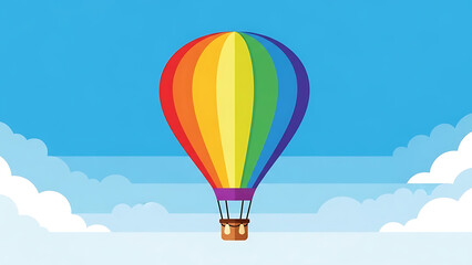 Fototapeta premium A vibrant rainbow hot air balloon floats serenely in a clear blue sky with fluffy white clouds.