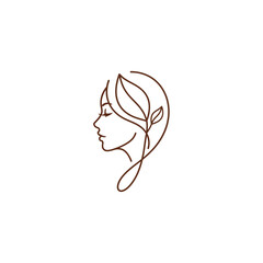 Elegant minimalist line art illustration of a woman's profile with natural leaf elements integrated into her hair, symbolizing beauty and nature.