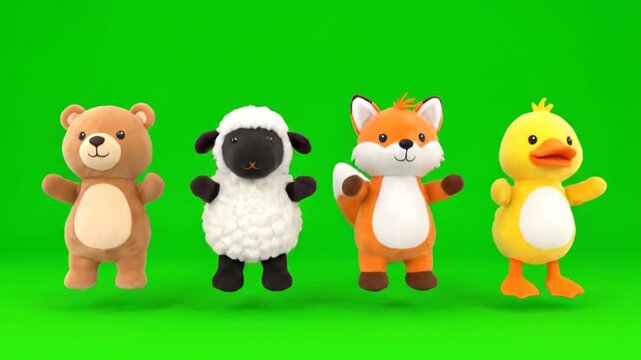 Four toy animals on green background.