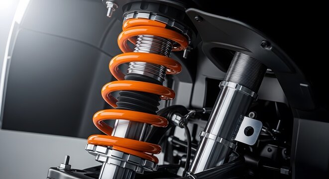 Modern Performance Car Suspension Coilover with Orange Spring Close Up