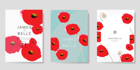 Fototapeta premium Poppy Flower Wedding Invitation set, floral invite thank you, rsvp modern card Design in Red flower with greenery branches decorative Vector elegant rustic template