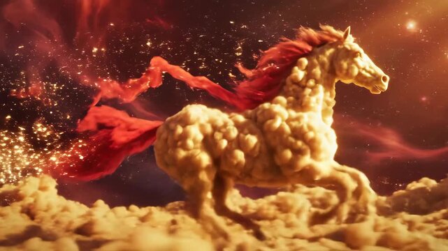 A Majestic Celestial Horse Made of Clouds with a Fiery Red Mane Galloping Through the Cosmos