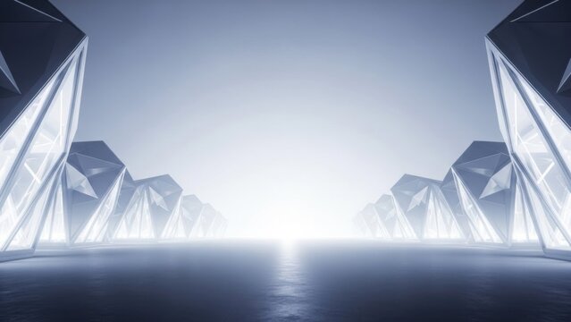 futuristic cityscape with angular glass structures and glowing horizon at dawn