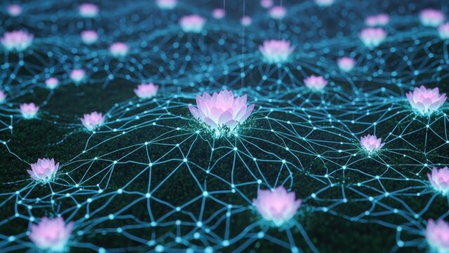Futuristic Digital Network Connecting Glowing Lilies in a Hyperconnected Ecosystem