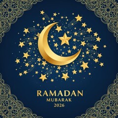 Naklejka premium Ramadan mubarak 2026: a celestial greeting with stars and crescent