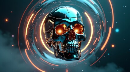 Cyberpunk skull with glowing orbital goggles in abstract space