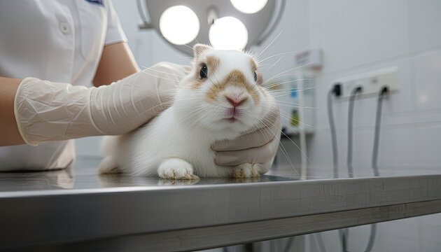 Rabbit receiving veterinary care on examination table in clinic  