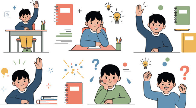 Cute school boy character set raising hand, thinking and learning with books and ideas, cheerful cartoon flat vector illustration for education and classroom design
