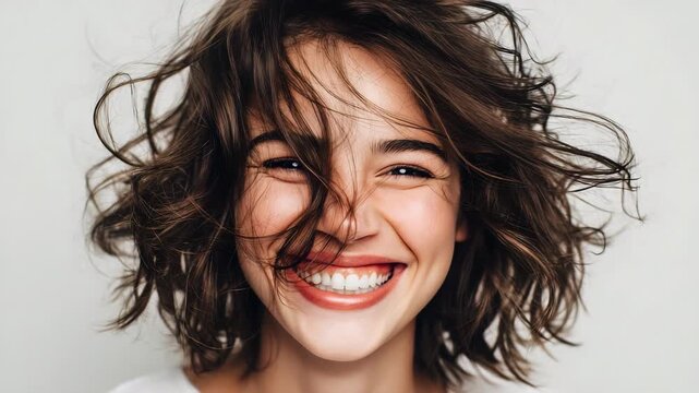 A joyful young woman laughing with messy windblown hair, ecstatic expression, candid lifestyle, beautiful female face, isolated on white background.