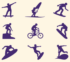 Naklejka premium Purple Silhouettes of Extreme Sports Athletes action