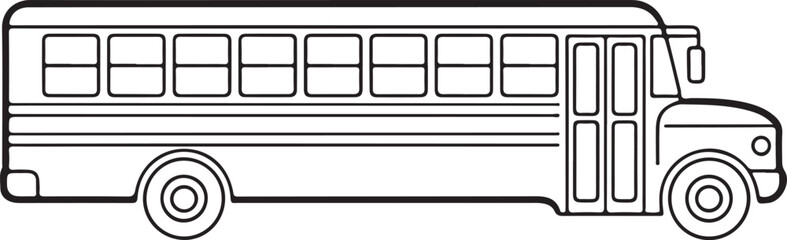A detailed line drawing of a classic yellow school bus with windows and wheels